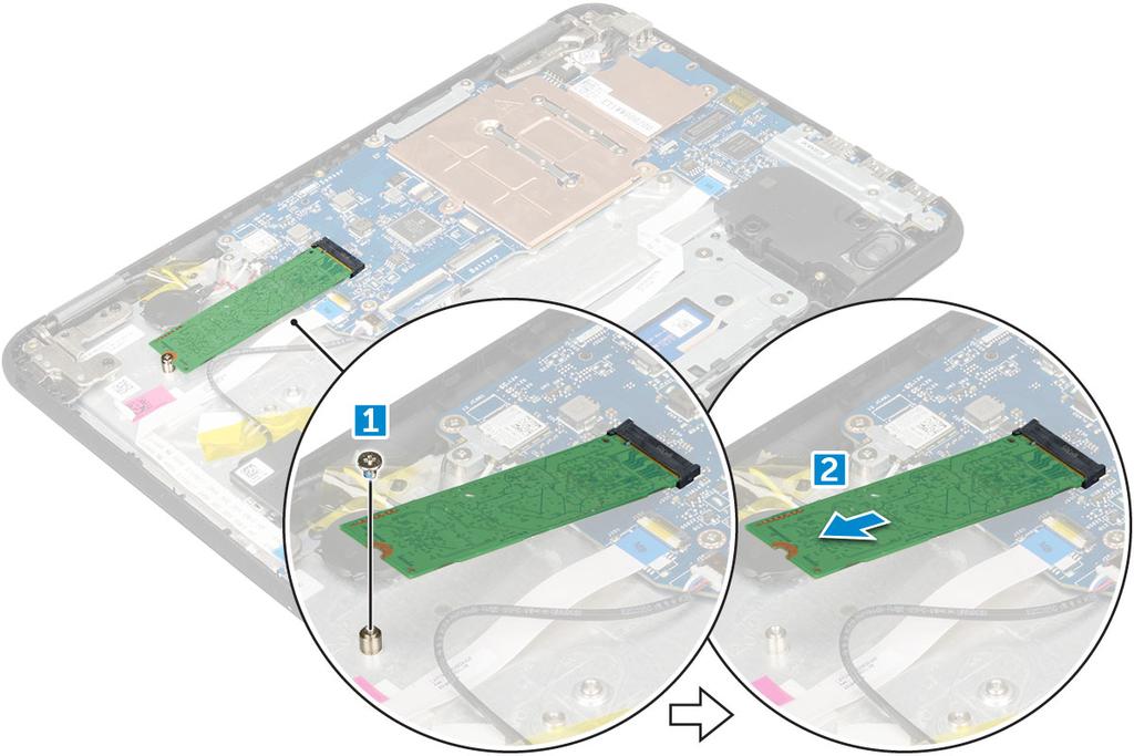Montáž disku SSD M.2 POZNÁMKA: Pokud se systém dodává s diskem SSD, proveďte následující kroky. 1 Zarovnejte zářez na kartě SSD s výčnělkem na konektoru karty a zasuňte kartu do slotu.