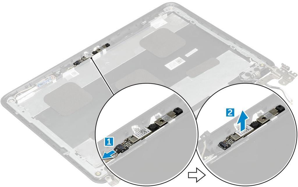 e f čelní kryt displeje panel displeje. 3 Demontáž kamery displeje: a Odpojte kabel kamery od konektoru [1]. b Zvedněte kameru z displeje [2]. Montáž kamery 1 Umístěte kameru na sestavy displeje.