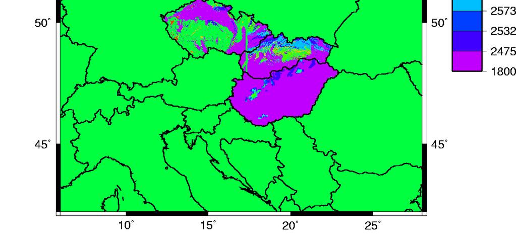 Hodnoty v územích, které kde mapy rozložení hustot chybí, jsou doplněny na obvyklou střední hustotu hornin 670 kg/m 3.