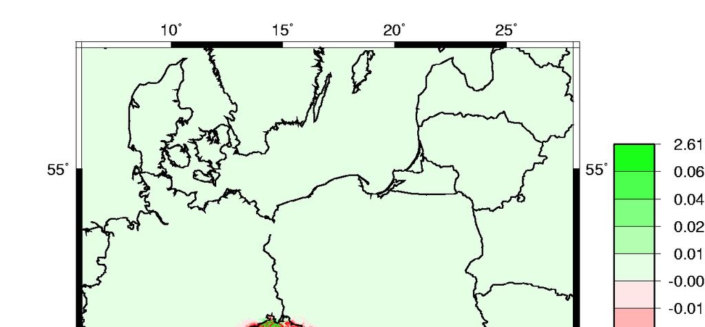 5.3 VLIV VARIACE HUSTOT TOPOGRAFICKÝCH HMOT Obr. 5 Rozdíl přímého efektu spočítaho s uvážením konstantní hustoty/proměnných hustot [mgal] Tab.