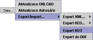 116 Export KEO lze spustit "ručně" - tlačítkem Data - Export KEO nebo bude spuštěn automaticky dle nastavení v parametrech.