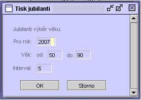 93 1. Zadejte rok, pro který se má tisková sestava jubilantů vytvořit. 2. Zadejte věkový interval jubilantů od-do a do pole Interval zadejte časový rozestup jubileí, např. 5 let. 3.