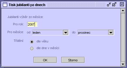 94 Narozeniny po dnech Po zvolení tisku Jubilanti - Narozeniny po dnech se zobrazí okno pro zadání kritérií tisku. 1. Zadejte rok, pro který se má tisková sestava jubilantů vytvořit. 2.