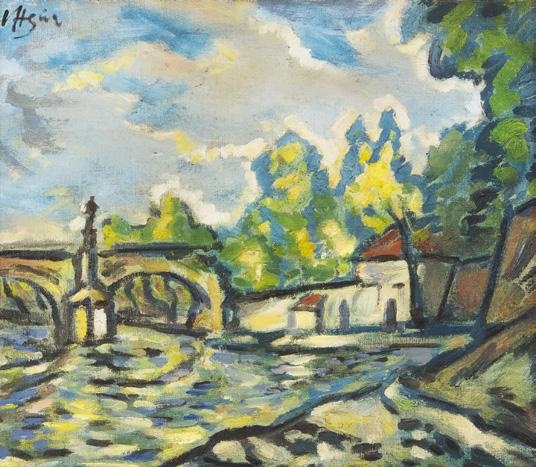 50. VÁCLAV HEJNA (1914-1985) Kamenný most olej, plátno na lepence, 43,5 x 49,5 cm značeno vlevo nahoře: VHejna Studoval Vysokou školu architektury (prof. Blažíček), poté Ecole des Beaux Arts v Paříži.