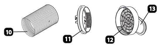 Přípojka výfukové hadice 12. Mřížka okenního adaptéru 13. Souprava okenního adaptéru 14. Volitelné prodloužení okenního adaptéru 15.