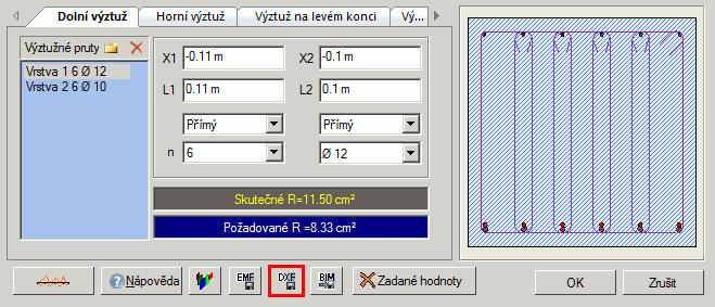 dxf pro: výkresy výztuže uložené post-processingové výsledky DXF soubory lze vytvářet z výkresů výztuže automaticky, pokud je