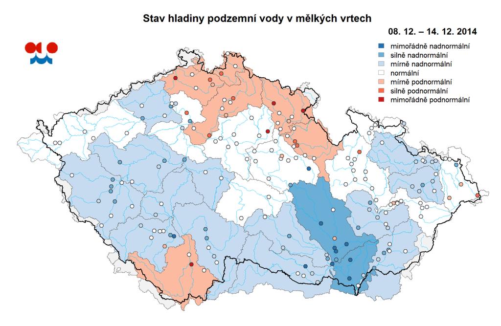 Mapa ukazuje stav podzemní vody ve sledovaných vrtech a oblastech povodí dle pravděpodobnosti překročení úrovně hladin v daném kalendářním měsíci v referenčním období 1981 2010 (viz text).