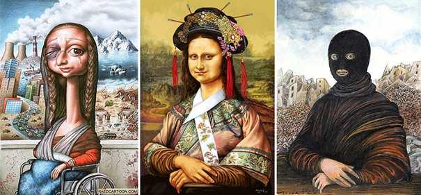 B. Portrait of Caricature na téma Mona Lisa (ML) nebo free): Golden Prizes: Dorian Extra Arroyo / Peru (ML) (viz obr. vlevo!) Excellent Prizes: Raul De La Nuez / USA (ML) (viz obr. uprostřed!