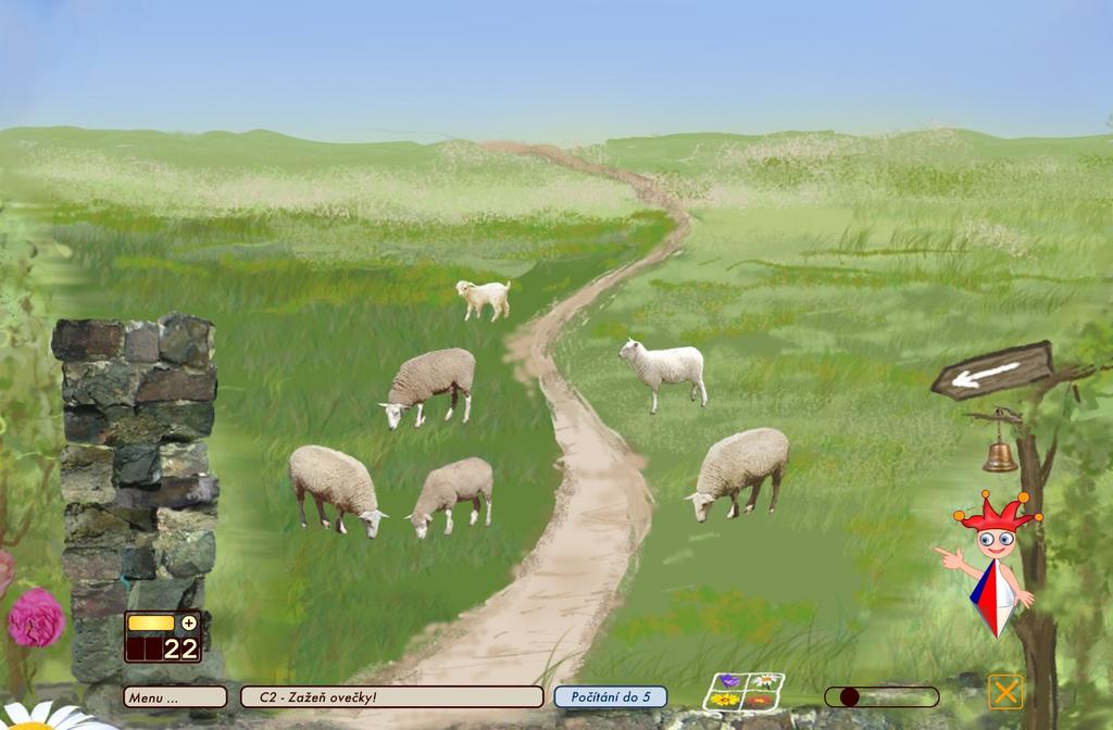Ukázky některých her z titulu NEŽ ZAČNE MATEMATIKA Úloha: Zažeň ovečky Dvě louky oddělené cestou. Například - na jedné louce jsou dvě ovečky, na druhé čtyři.