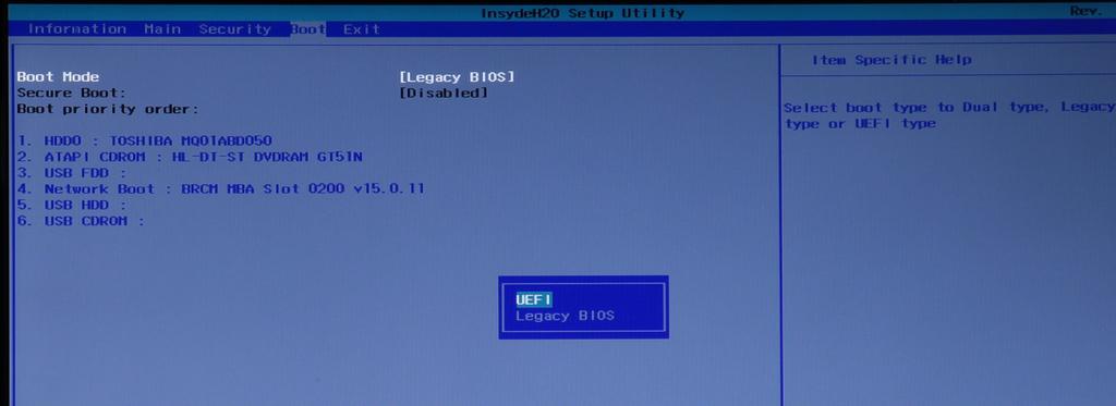 38 - Změna verze Windows Stiskněte <Enter>, potom pomocí tlačítek se šipkami vyberte UEFI nebo Legacy BIOS. Znovu stiskněte klávesu <Enter>.