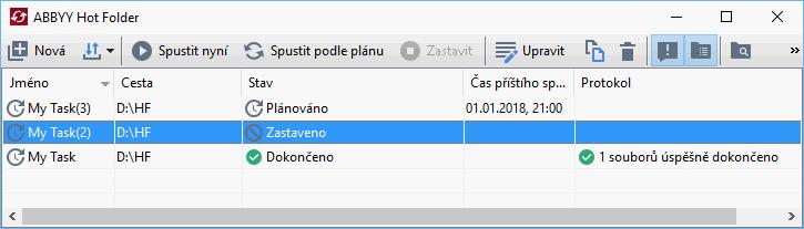 klikněte na ikonu na hlavním panelu OS Windows (Tato ikona se zobrazí poté, co nastavíte alespoň jednu úlohu) Když spustíte nástroj ABBYY Hot Folder, otevře se jeho hlavní okno K nastavování,