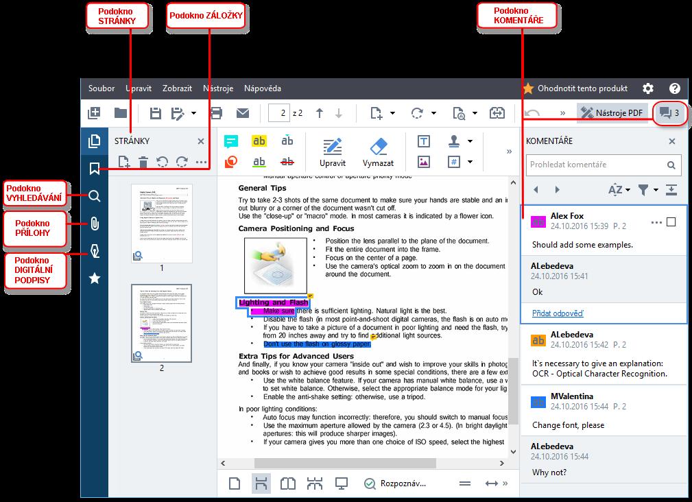 Procházení dokumentů PDF Editor PDF obsahuje různé nástroje, které usnadňují procházení dokumentů PDF Podokno Stránky umožňuje rychlé procházení stránek, změnu pořadí stránek, přidávání