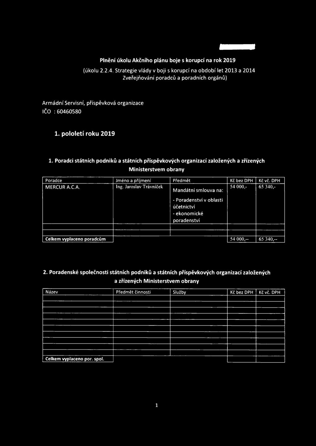 Poradci státních podniků a státních příspěvkových organizací založených a zřízených Ministerstvem obrany Poradce Jméno a příjmení Předmět Kč bez DPH Kč vč. DPH MERCUR A.C.A. Ing.