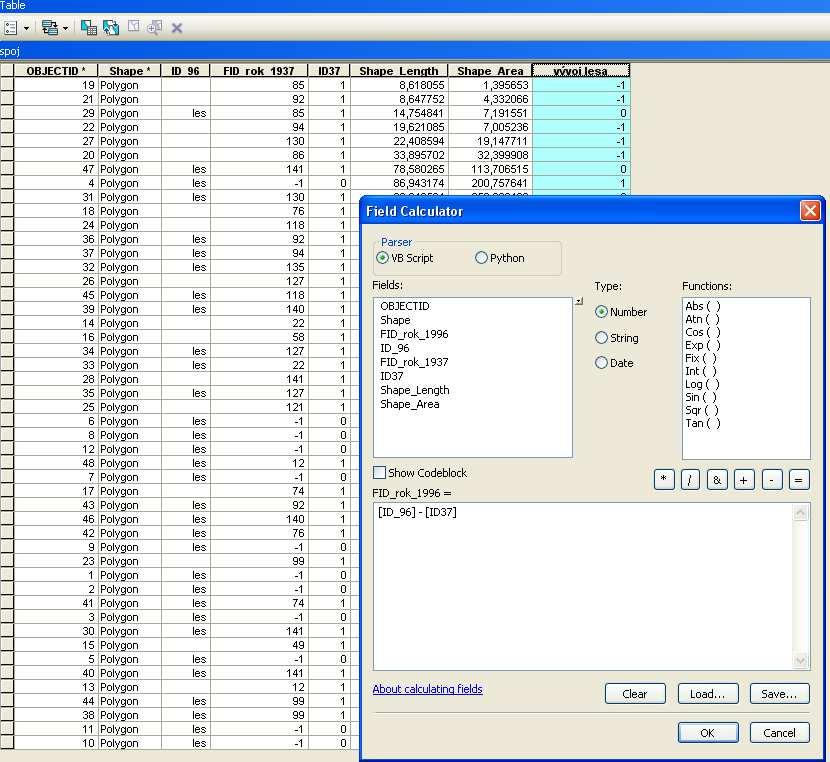 Na názvu nového pole (vyvoj_lesa) kliknout pravým tl. myši a vybrat Field Calculator a odečíst rok 1996 od roku 1937 (co je 0 změna nebyla, co je 1 zeleň přibyla, co je - 1 zeleň ubyla).