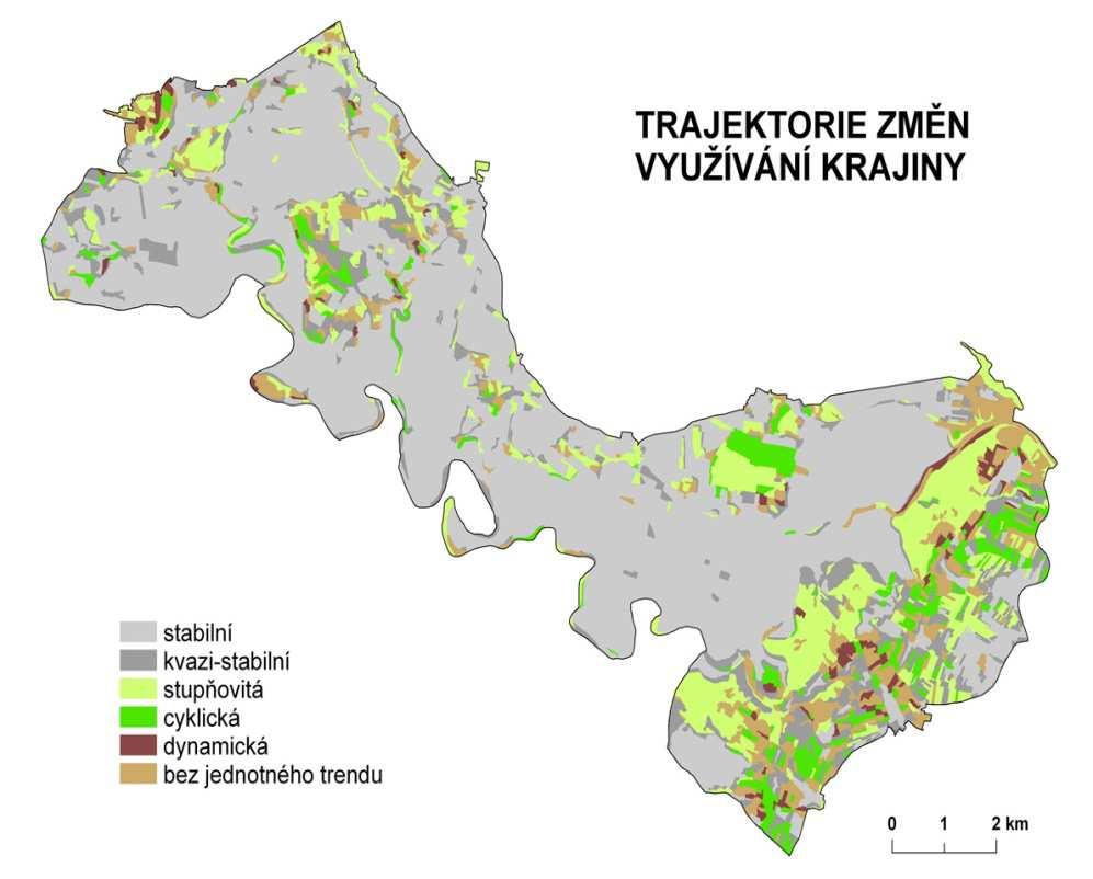 Jedná se o jednoduchou analýzu, která však dokáže velice přehledně zobrazit prostorovou dynamiku využívání krajiny.