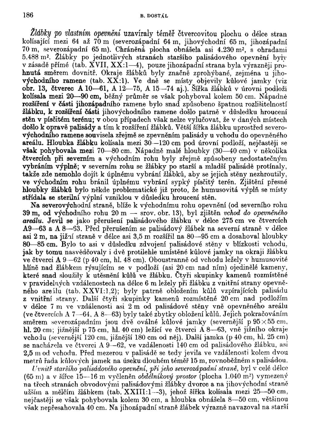 186 B. DOSTÁL Zlábky po vlastním opevnění uzavíraly téměř čtvercovitou plochu o délce stran kolísající mezi 64 až 70 m (severozápadní 64 m, jihovýchodní 65 m, jihozápadní 70 m, severozápadní 65 m).