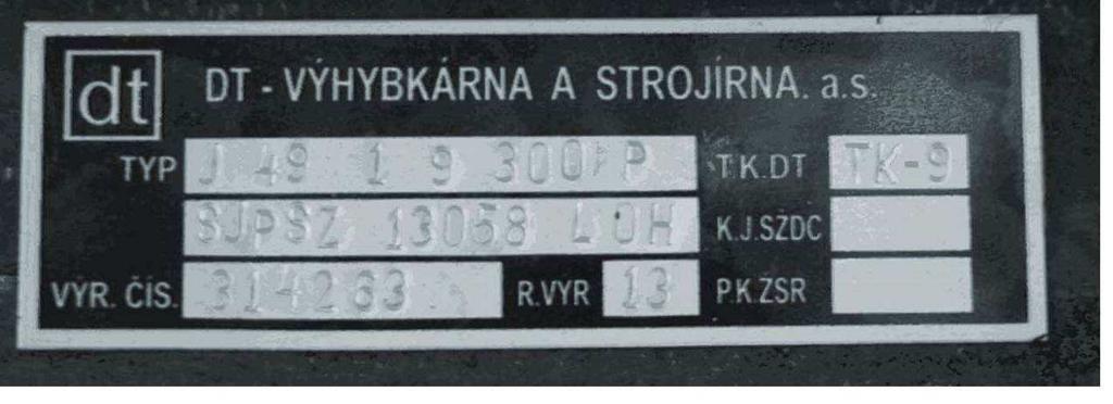 Obrázek 12 - příklad identifikace náhradního dílu jazyka pro jednoduché výhybkyj49 1:9-300P, délka jazyka 13058mm, rok výroby 2013, identifikační