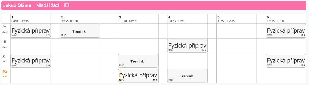 Náhled tréninků Zobrazuje tréninky pro daný týden a případné změny. U každého tréninku je ve spodní části rámečku uveden trenér a místnost, kde trénink bude probíhat.