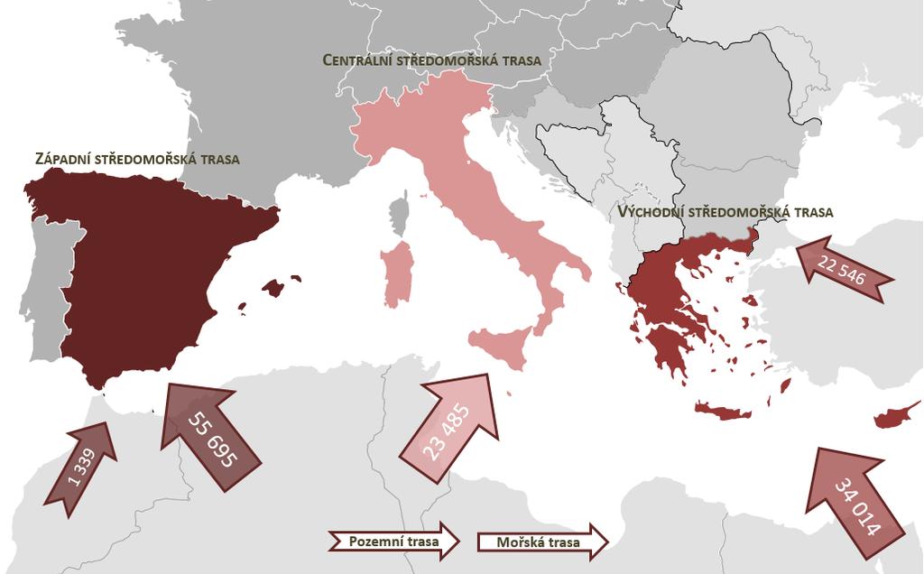 XIV Problematika migrace na úrovni EU Zdroj: Frontex Za zmínku stojí situace na východní pozemní trase 126, kdy v roce 2018 Rusko provedlo dočasnou změnu ve vízové politice, kdy v rámci světového