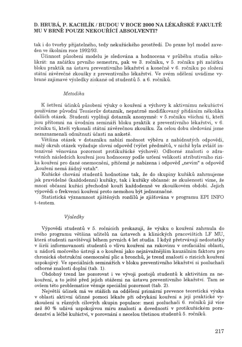 D. HRUBÁ, P. KACHLÍK / BUDOU V ROCE 2000 NA LÉKAŘsKÉ FAKULTĚ tak i do tvorby přijatelného, tedy nekuřáckého prostředí. Do praxe byl model zaveden ve školním roce 1992/93.