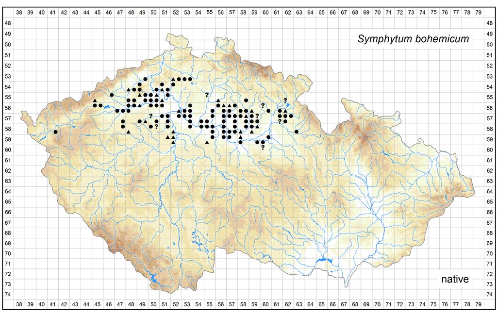 Distribution of Symphytum bohemicum in the Czech Republic Author of the map: Michal Hroneš, Lucie Kobrlová Map produced on: 07-11-2016 Database records used for producing the distribution map of