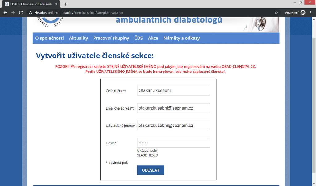 1. Registrace (postup jak se zaregistrovat do členské sekce) 1. Jste-li na webové adrese www.osad.cz/clenska-sekce/prihlaseni.php, klikněte nejprvena zelený odkaz Můžete se zaregistrovat zde. 2.