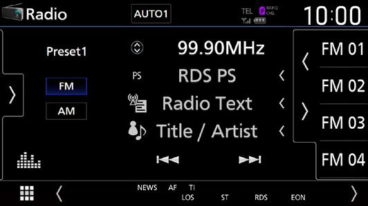 Rádio Rádio 42 Základní ovládání rádia Většinu funkcí lze provádět z obrazovky ovládání zdroje. Pro poslech rozhlasového zdroje klepněte na ikonu [Radio] na obrazovce výběru zdroje. (str.