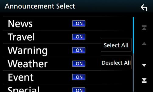 DAB [Language Select] Vybírá jazyk informací pro funkci PTY. ÑÑNastavení oznámení Když je spuštěna služba, pro kterou je nastavena hodnota ON, dojde k přepnutí z libovolného zdroje na oznámení.
