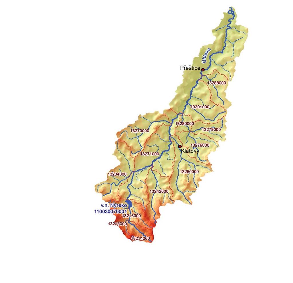 18 DÍLČÍ POVODÍ ÚHLAVY Dílčí povodí ÚHLAVY Páteřní tokem této oblasti je řeka Úhlava, která je pravostranným přítokem řeky Radbuzy. Její celková délka činí 108,5 km.
