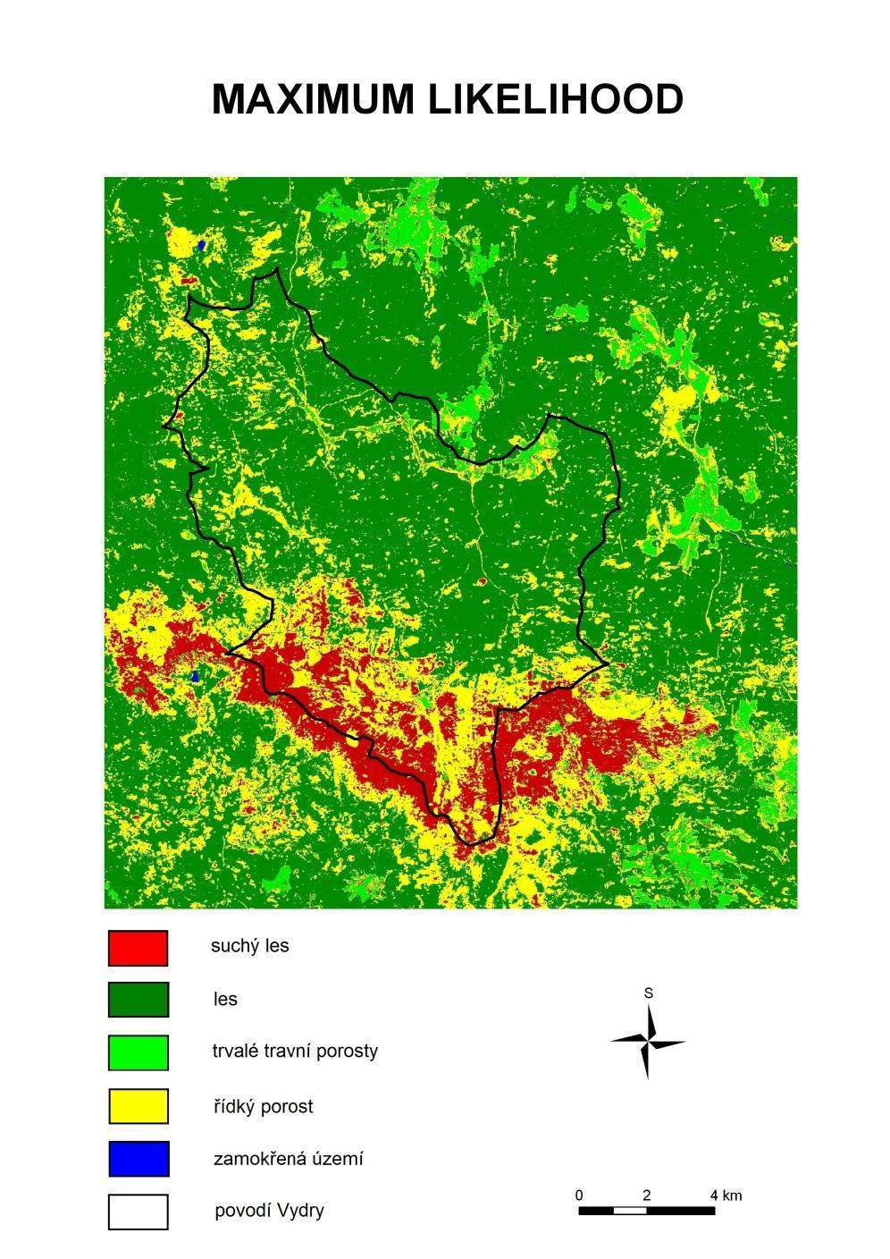 Kap. 4: Výsledky Obrázek č. 9: Krajinný pokryv v povodí Vydry v roce 2005 Zdroj: data SPOT, vlastní výpočty Mapa vytvořená s využitím statistického klasifikátoru maximální věrohodnosti (Obr. č. 9) zachycuje vysoké procento lesa.