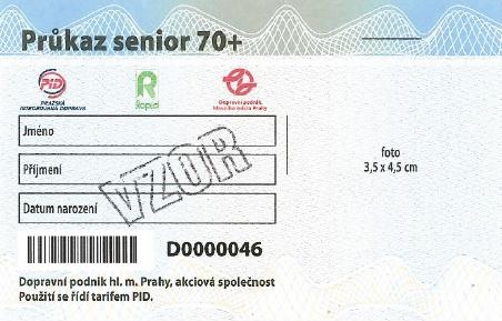 Průkaz senior 70+ jako Doklad o nároku na zvláštní ceny jízdného pro osoby starší 70 let v pásmech P, 0, B (k doložení nároku povinný ve vlacích PID).