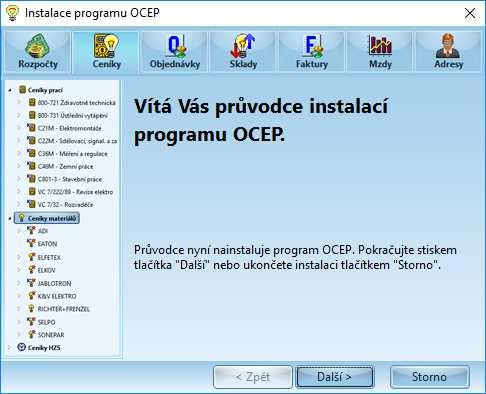 Vlastní instalace programu OCEP včetně SQL databáze: - zmáčkneme tlačítko Další Pro práci na síti se instaluje na server
