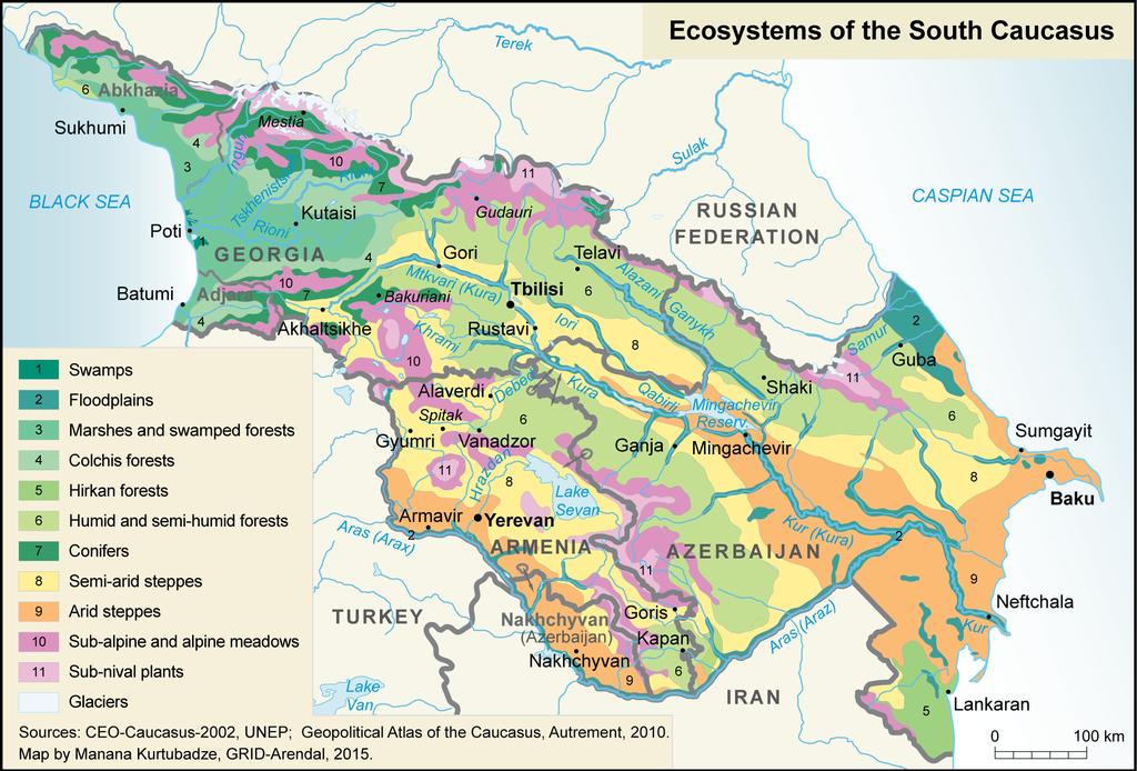 Ekosystémy Kavkazu Rozdíl mezi západem a východem Vlhký vzduch přichází od západu Bažiny Niva Lužní lesy