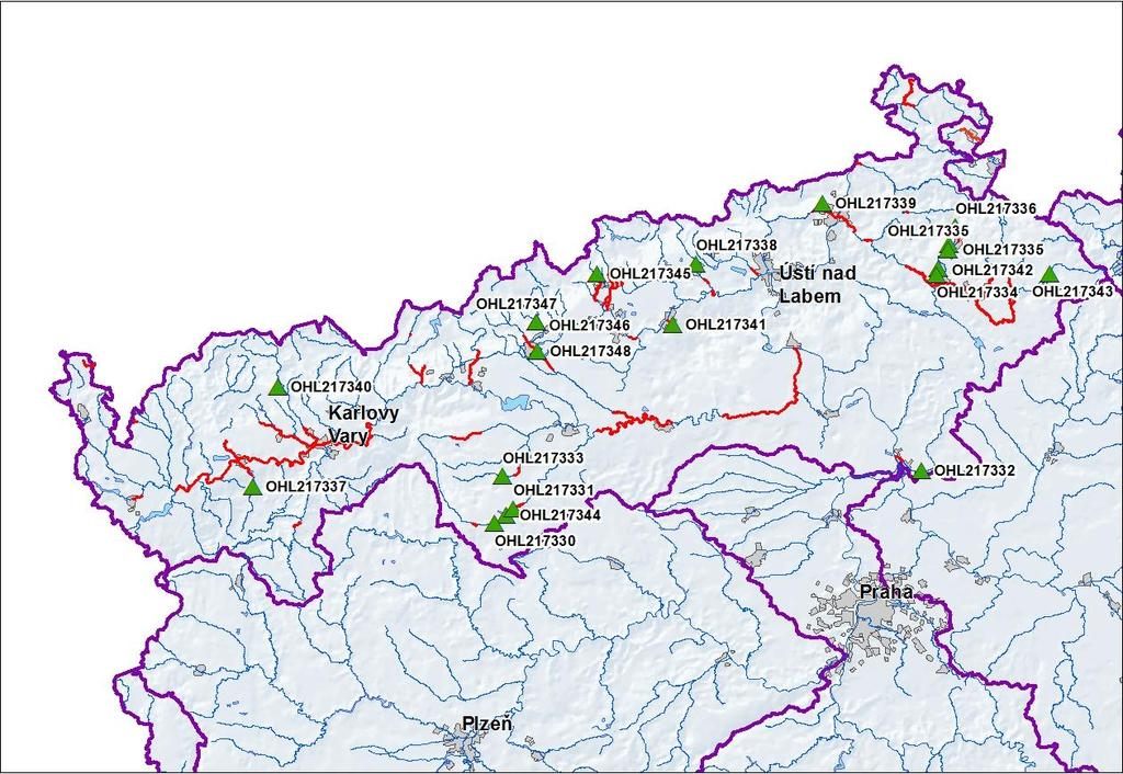 Obr. 2 Přehledná mapa lokalizace navrhovaných opatření (konkrétní opatření a hlásné profily) s identifikátorem listem opatření (ID OP) Seznam obcí s odpovídajícími listy opatření Název obce ICOB 1)