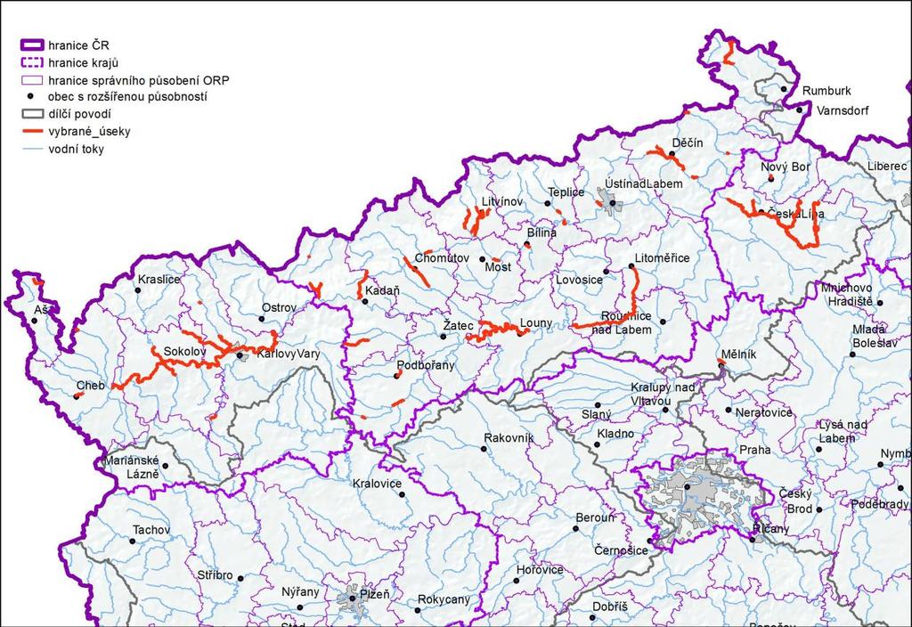 Obr. 1 Přehledná mapa řešeného území 3 Výsledky mapování povodňových rizik Na mapách povodňového nebezpečí je zobrazeno prostorové rozdělení charakteristik průběhu povodně pro jednotlivé scénáře