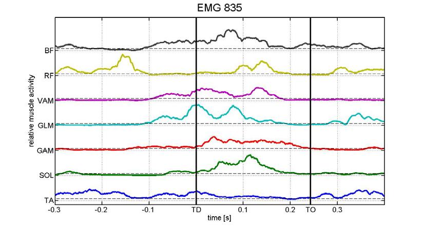 Příloha 1 EMG, dynamometrie a kinematické parametry u akcelerovaného běhu 1. krok 12 8 6 Reakcni sila podlozky - akcelerovany beh vx =.39 m/s vy=1.3 m/s vz=2.67 m/s 4 2-2 -4.5.1.15.2.25 67.198 114.6.12 53.