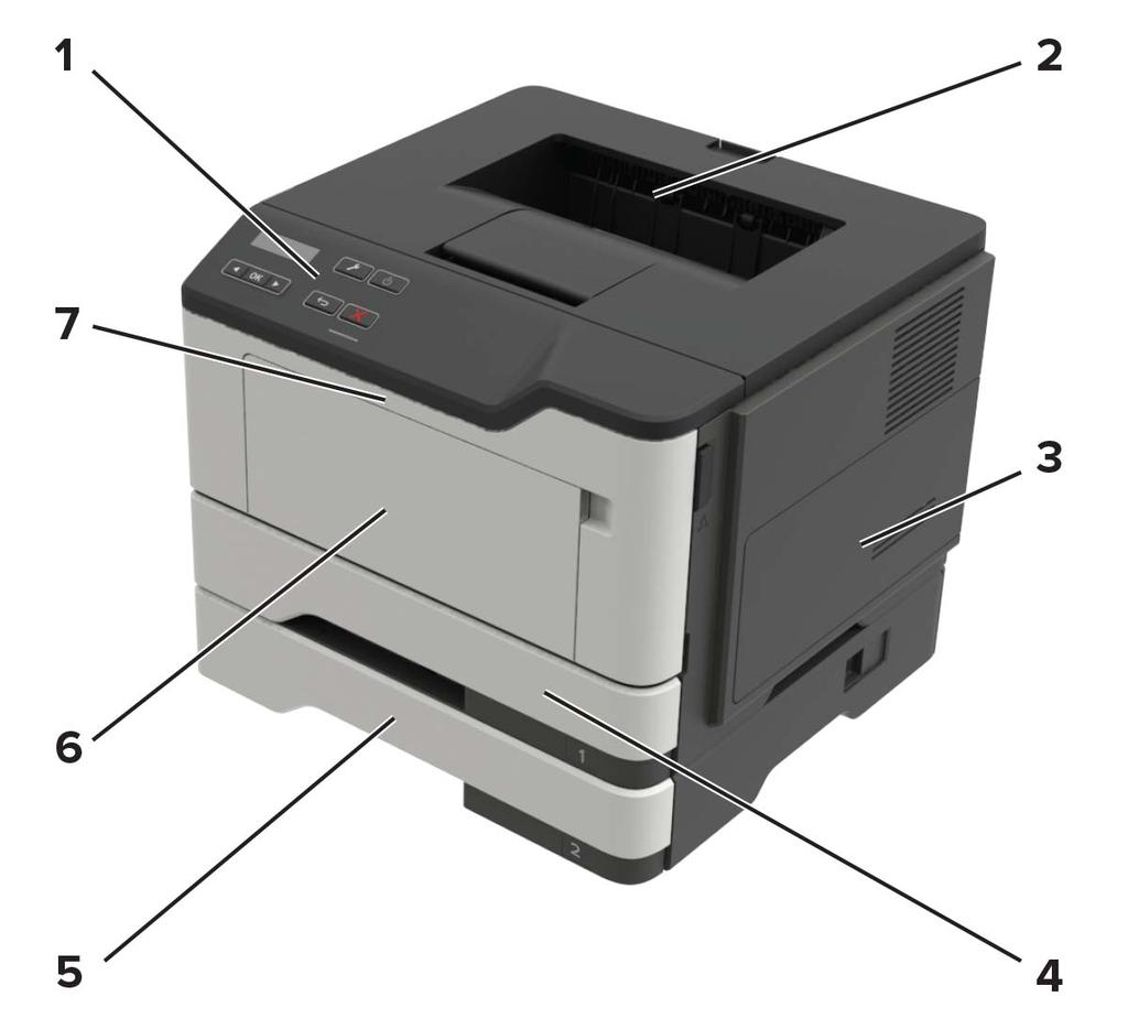 Informace o tiskárně 11 VÝSTRAHA NEBEZPEČÍ PŘEVRÁCENÍ Chcete-li snížit riziko nestability zařízení, vkládejte papír do jednotlivých zásobníků samostatně.