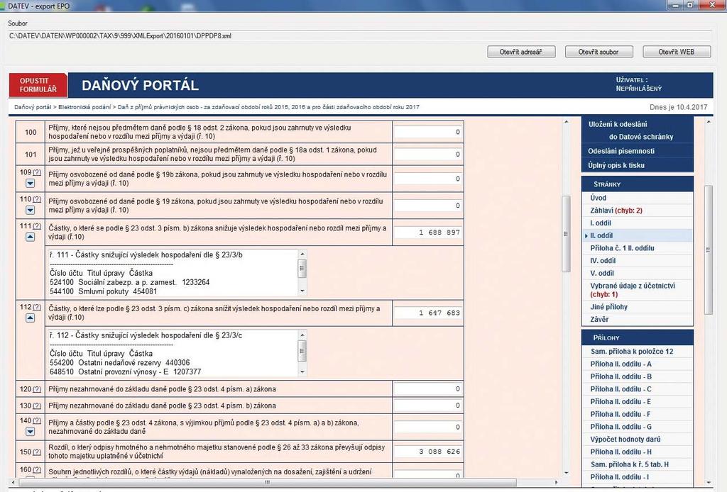 Vypočtené hodnoty včetně všech příloh je možné