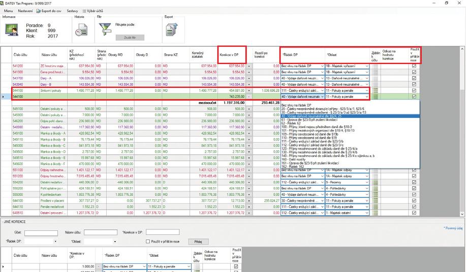 Práce s vybranými položkami doplnění hodnoty korekce, řádku přiznání, zjištění k účtu, označení k přenosu nastavení do dalšího období.