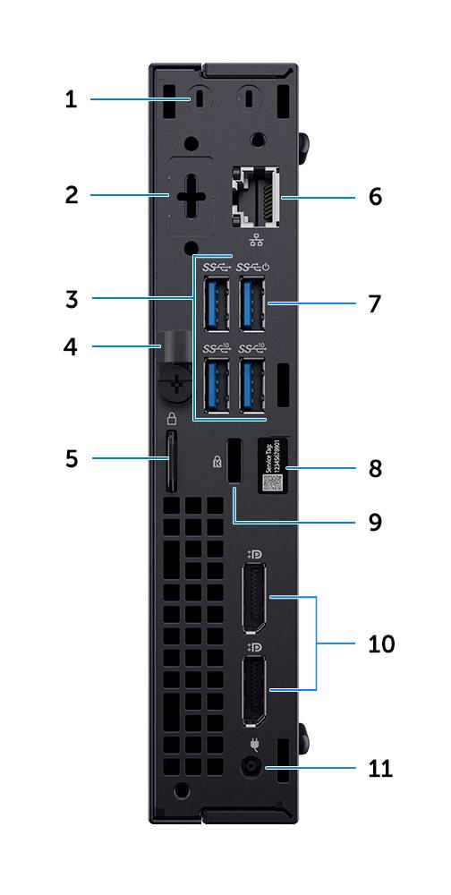 Zadní pohled 1 Konektory na externí anténu SMA (volitelné příslušenství) 2 Port DisplayPort / HDMI 2.0b / VGA / USB typu C, alternativní režim (volitelně) 3 2 porty USB 3.1 2. generace a 1 port USB 3.