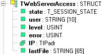 2.10 Typ TWebServerAccess Knihovna : ComLib Datový typ TWebServerAccess je struktura obsahující informace o jednom uživateli přihlášeném k web serveru PLC prostřednictvím internetového prohlížeče.