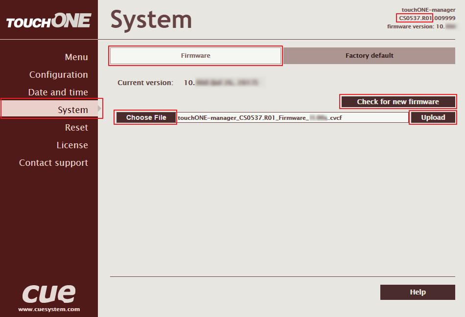 Aktualizace firmware Pro nahrání novějšího firmware do jednotky touchone-manager zvolte v levém sloupci položku System a pak v horní části klikněte na Firmware.