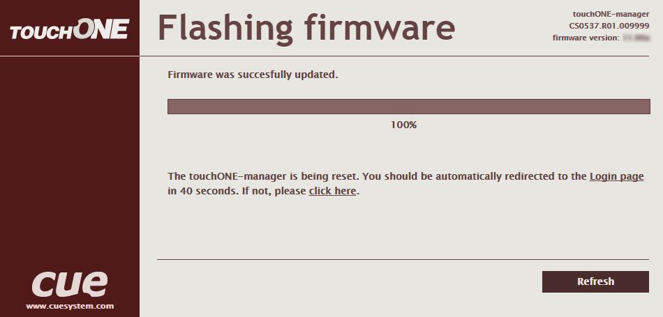 Pozn.: Tímto způsobem aktualizujete firmware pouze v jednotce touchone-manager, nikoli v ostatních jednotkách rezervační suity. Aktualizace ostatních jednotek je popsána v dalších kapitolách.