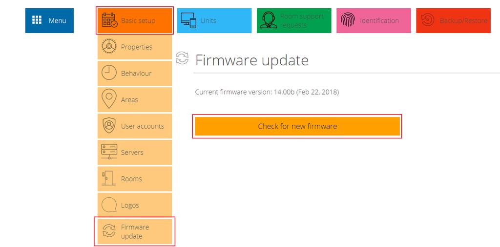Aktualizace firmware Pro online aktualizaci firmware ve všech jednotkách zapojených do rezervační suity zvolte Basic setup / Firmware update.
