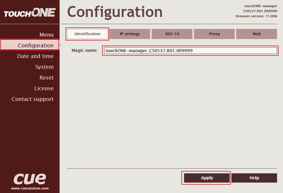 Základní nastavení jednotky touchone-manager Nejprve zkontrolujte nastavení IP a nastavení data a času. Klikněte na tlačítko This unit configuration na domovské stránce.