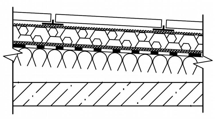 Skladby střech 4.3 Střechy s pěším provozem Dlažba na podložkách na klasické skladbě s tuhou vrstvou pod hydroizolační vrstvou Jako tuhou vrstvu pod hydroizolační vrstvou lze použít např.