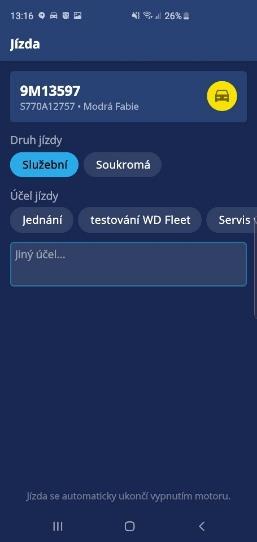 Identifikuje řidiče a osádku, řidič má pak možnost zvolit typ jízdy (soukromá/služební) a vyplnit účel