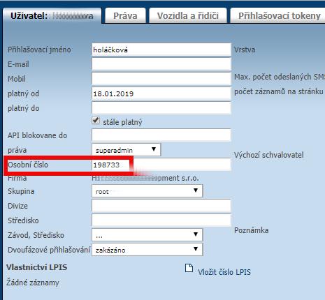 Nastavení uživatele I zde je třeba správně vyplnit osobní číslo, pomocí kterého vzniká vazba ŘIDIČ-UŽIVATEL.