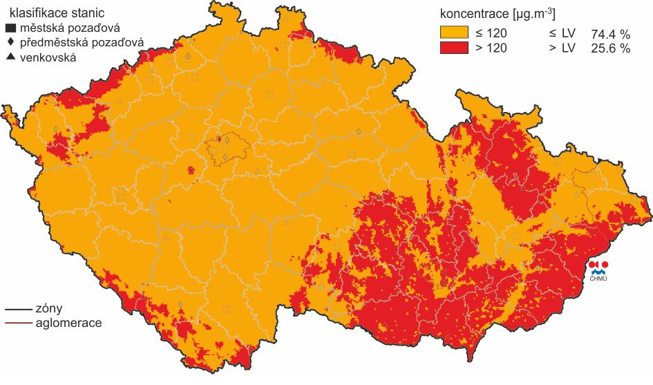 Plocha ČR s překročeným imisním limitem pro troposférickým ozon