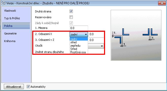 Odsazení průřezů ztužidla Dostupné profily lze přidat